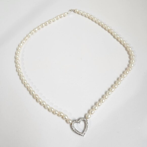 VTG NIB 925 Freshwater Pearl & Pave style Heart Necklace 18" - Picture 5 of 12